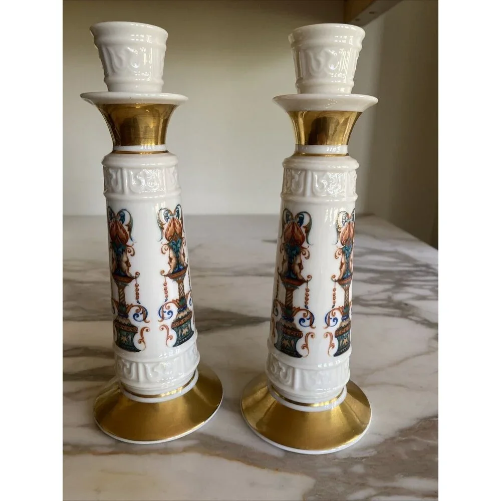 Vintage Ceramic Candle Holders With Gold Accents & Ornate Multicolor Design 2-Pi